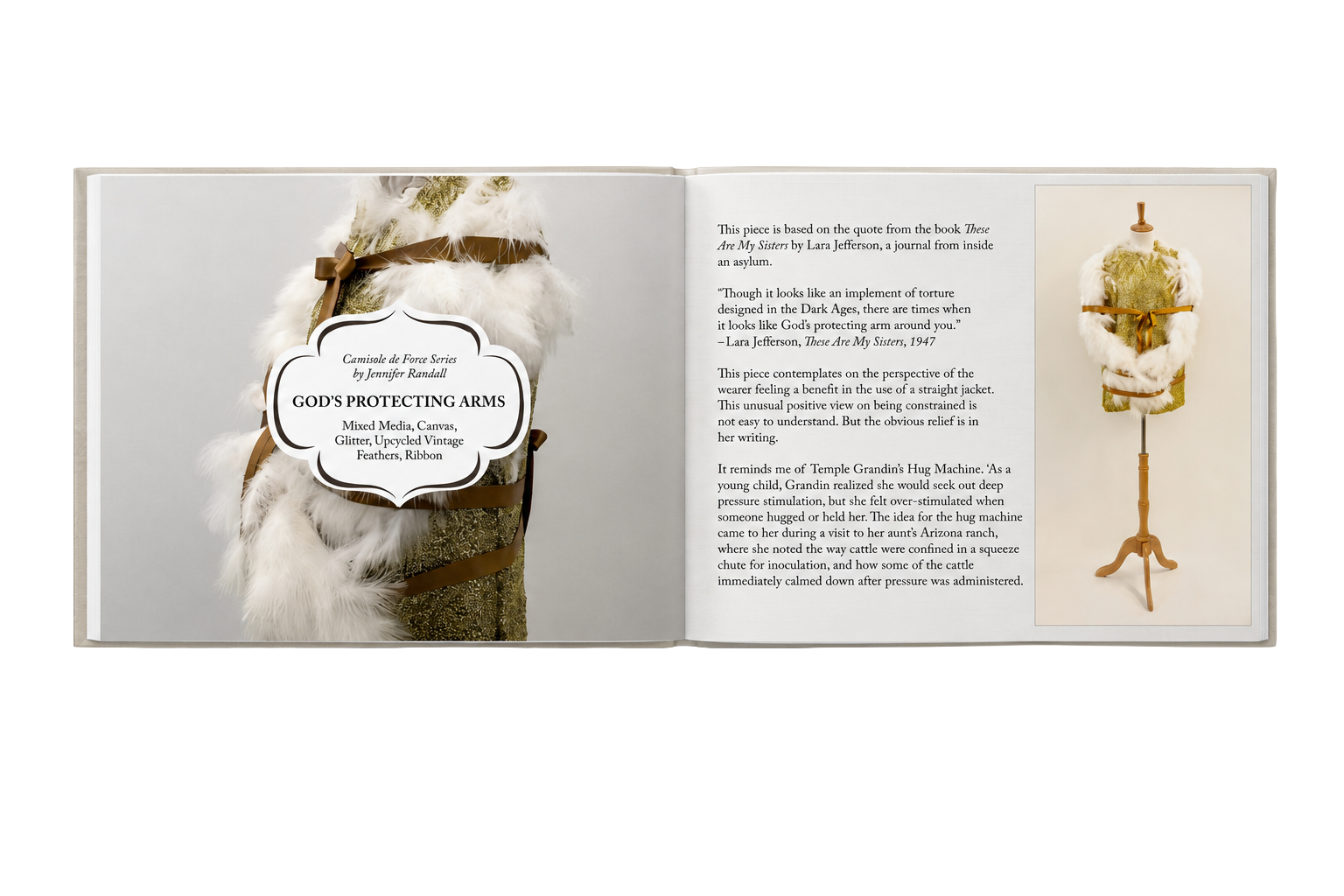 Open Camisole de Force spread with detail photography and artist writing
