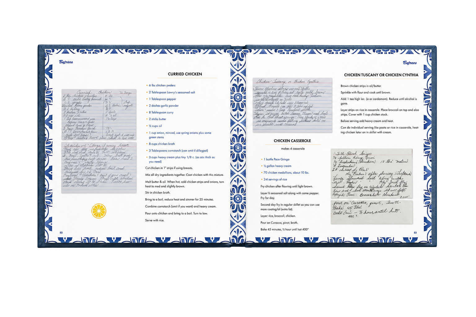Open recipe book spread with handwritten recipe cards and typeset recipes