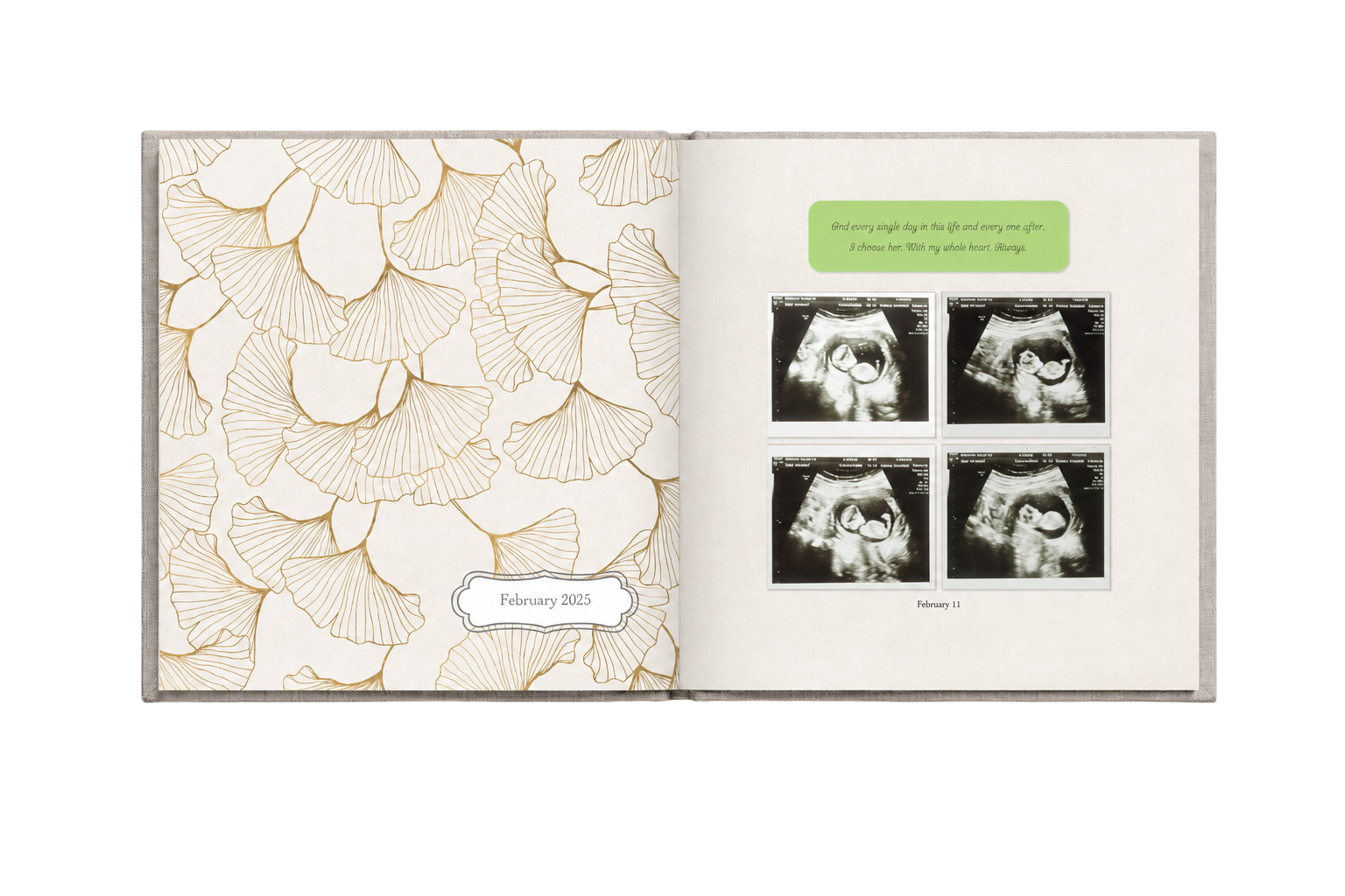 Open Adrianna album spread with ginkgo endpaper and ultrasound photographs