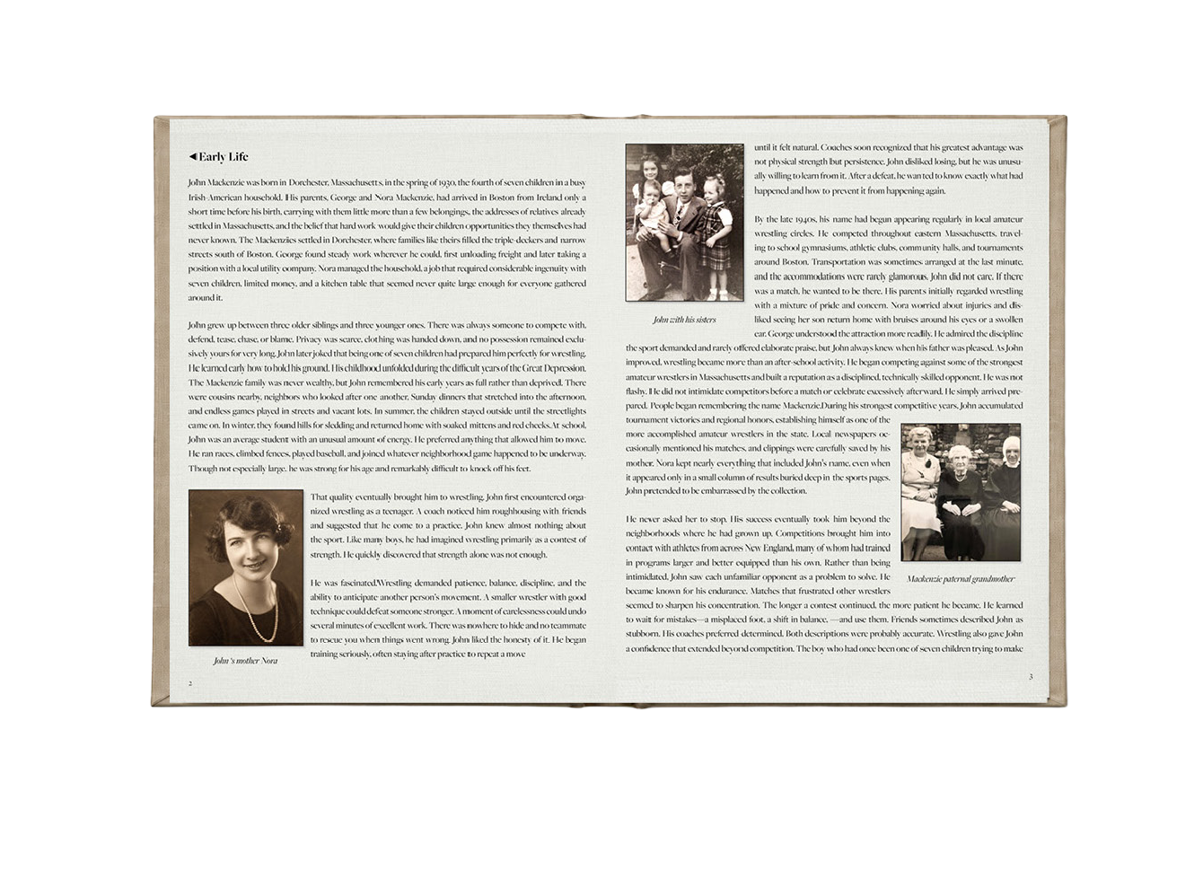Open book spread with oral history text and archival family photographs