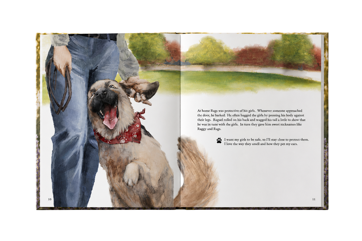 Open spread from The Day We Met an Angel with a watercolor illustration of a dog beside its owner