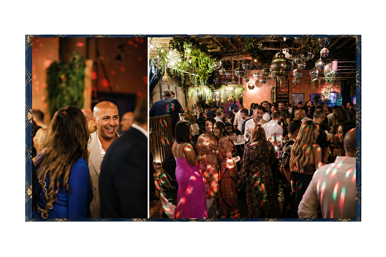 Open party album spread showing guests on a disco-lit dance floor