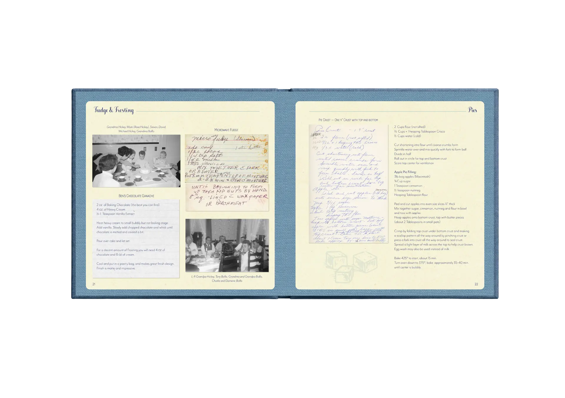 Open cookbook spread with handwritten recipe cards and family photographs