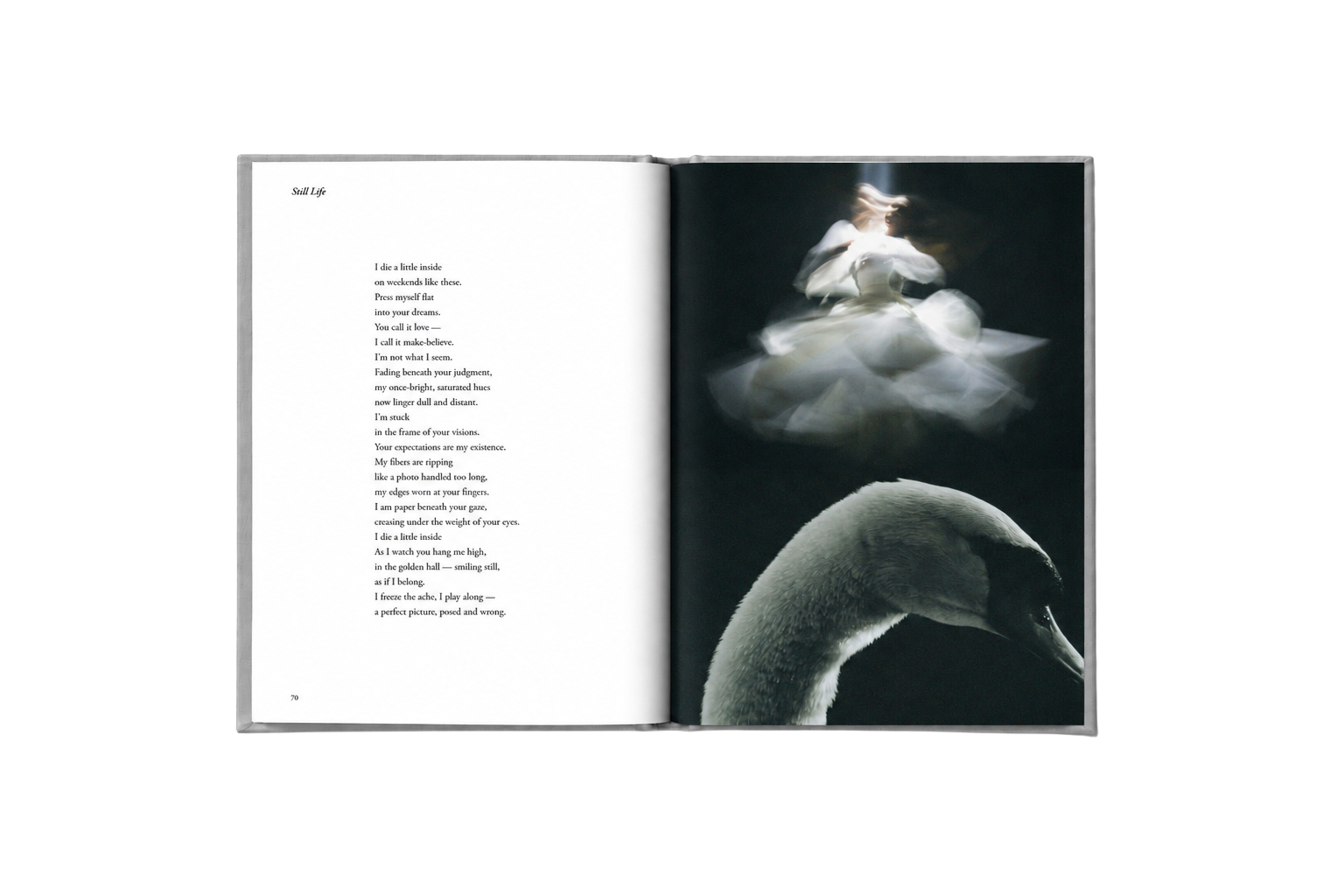 Open spread from My Body of Tides with a poem on the left page and a dark photograph on the right