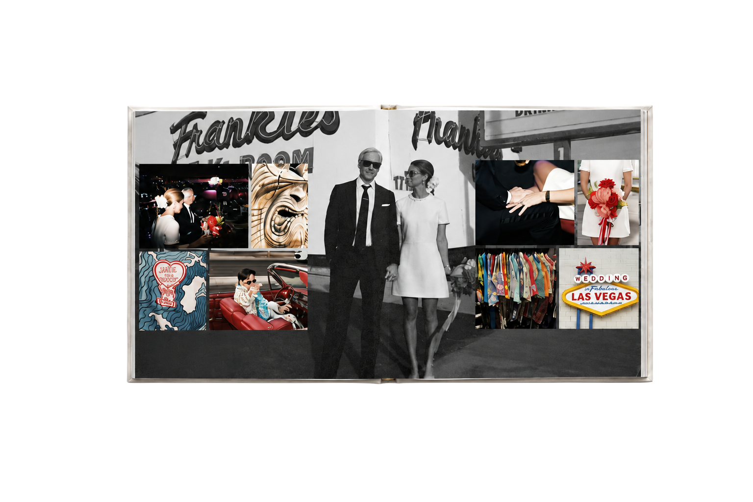 Open wedding album spread with black-and-white and color photographs