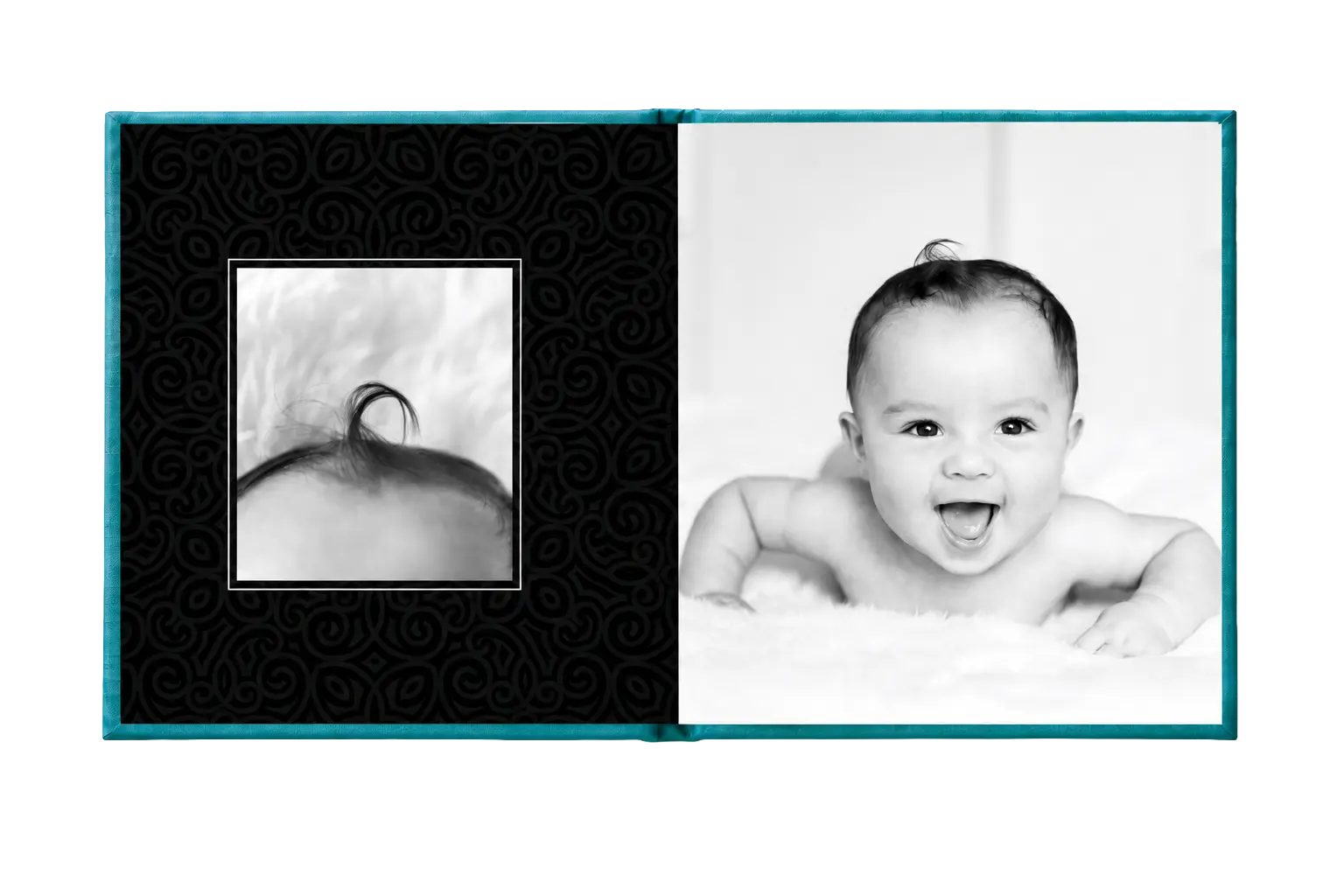 Open Fisch album spread with black-and-white photography