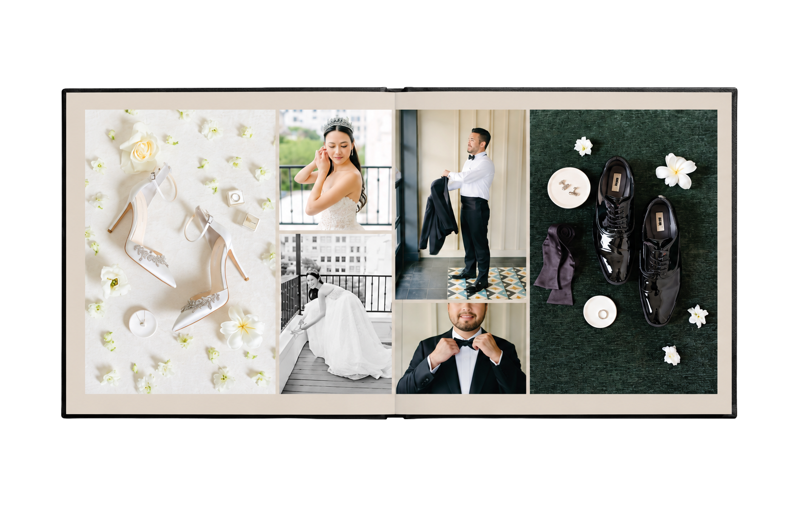 Open wedding album spread with getting-ready detail photographs