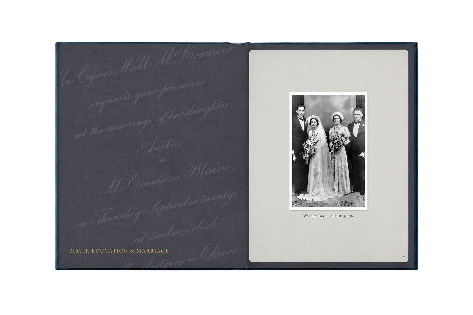 Open memorial book spread with a screened-back wedding invitation and a wedding photograph