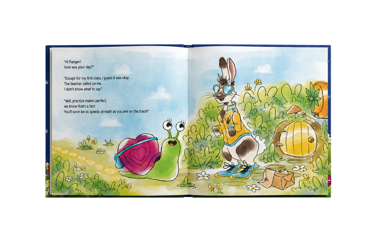 Open children's book spread with illustrated snail and rabbit characters
