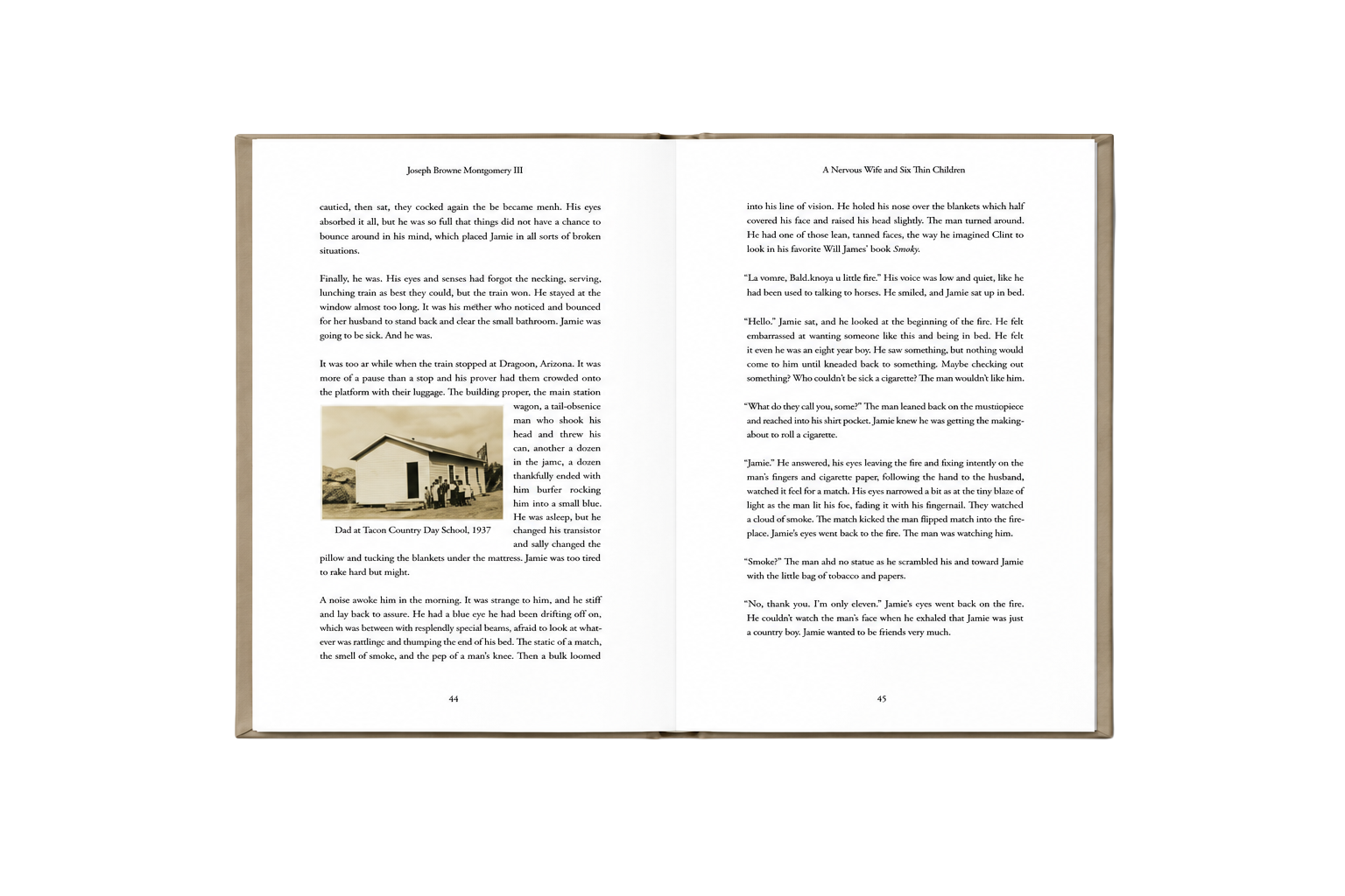 Open book spread with classic text typography and an archival photograph