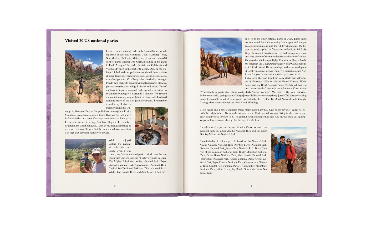Open memoir spread with national park photographs and narrative text