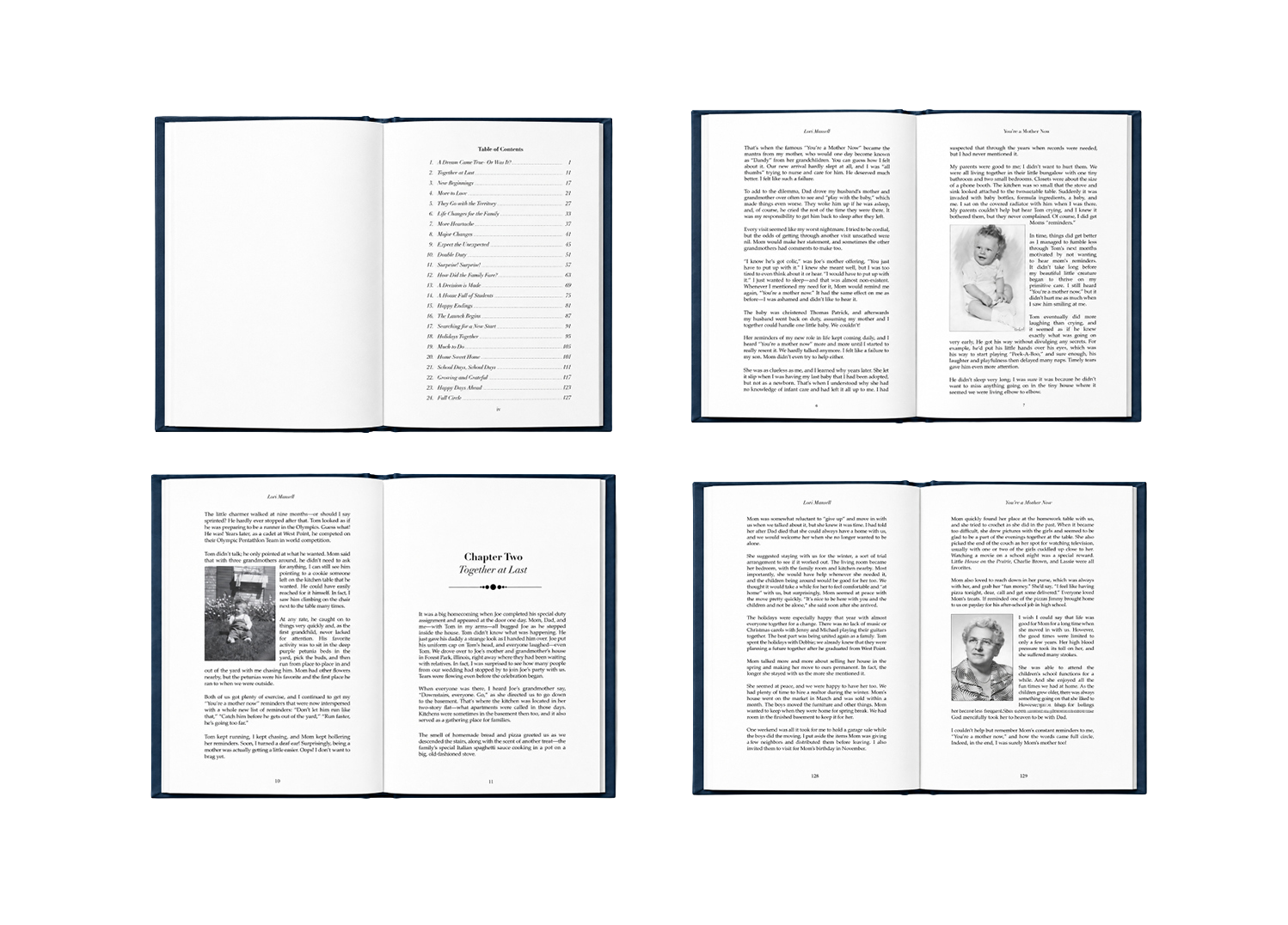 Four spreads from the You're a Mother Now memoir shown in a grid