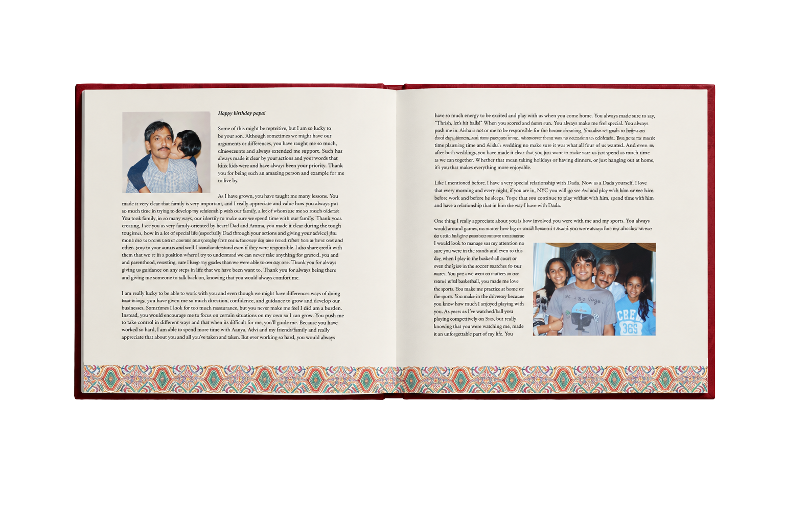 Open tribute book spread with letters, family photographs and a patterned border