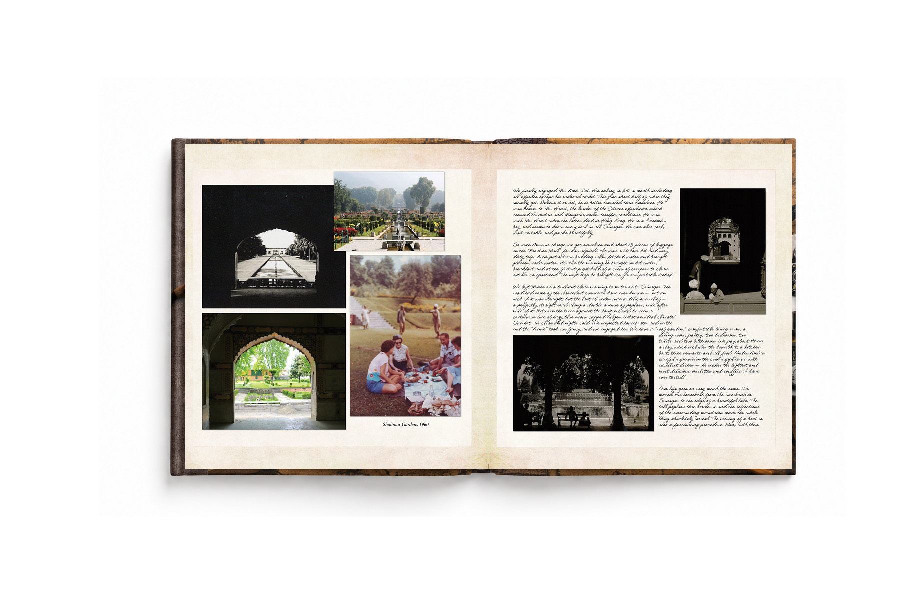 Open travel diary spread with Kashmir photographs and handwritten journal text