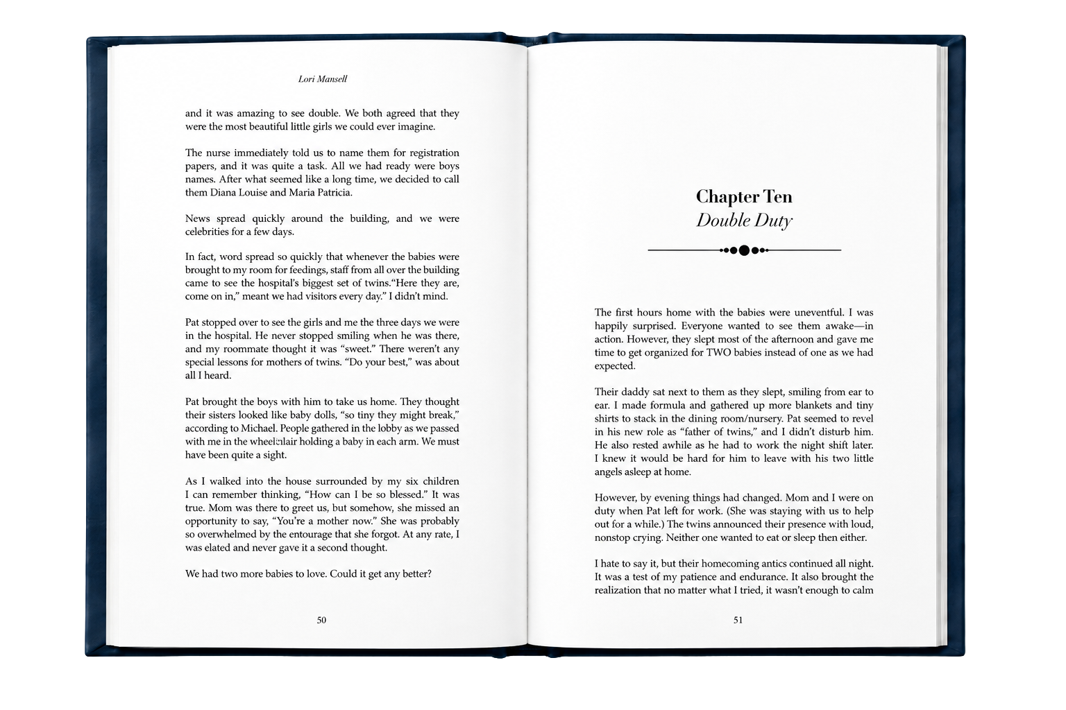 Open memoir spread with chapter opening typography